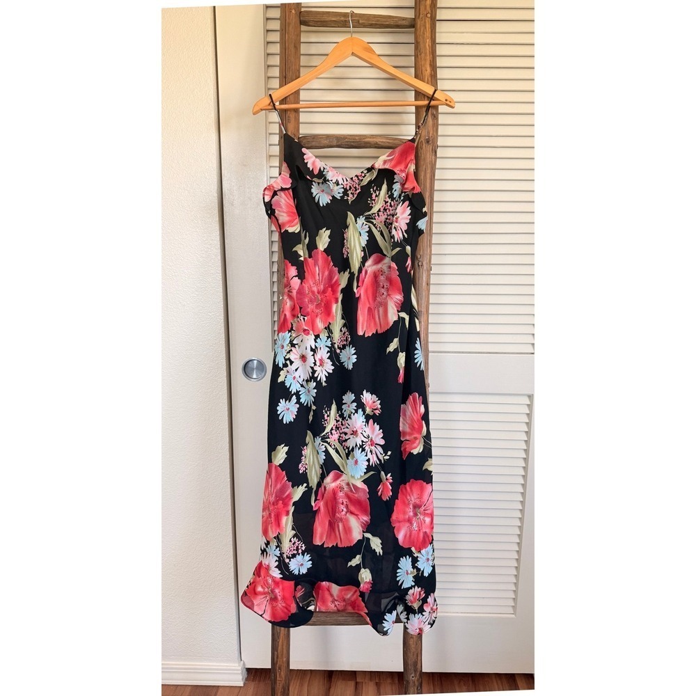 Dress -U Floral Print Dress Black Red White Sleeveless Midi Summer SIze 14‎